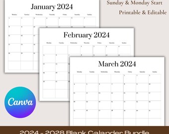 May include: Three blank calendar pages for January, February, and March of 2024. The calendars are formatted with Sunday and Monday as the start days of the week. The text "Instant Download, Sunday & Monday Start, Printable & Editable" is at the top of the page. The text "2024 - 2028 Blank Calander Bundle" is at the bottom of the page.