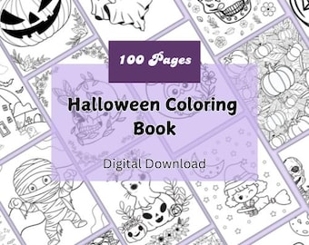 May include: A digital download of a 100 page Halloween coloring book. The cover features a variety of black and white illustrations of Halloween characters and objects, including a pumpkin, a ghost, a skull, and a witch.