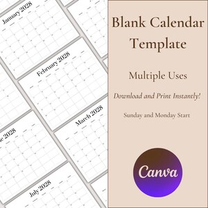 Blank Calendar Template | 2028 Calendar | Printable Blank Monthly Calendar | 2028 Wall Calendar | 2028 Digital Calendar | Editable Calendar