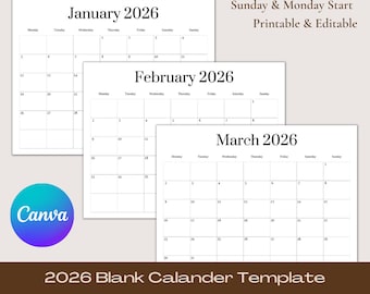 2026 Blank Calendar Template | Blank Calendar | Printable Blank Calendar | 12 Month Calendar | Editable Calendar | Minimalist Design