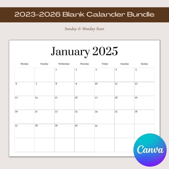 2023-2026 Blank Calendar Template Blank Calendar Printable Blank Calendar  12 Month Calendar Editable Calendar Minimalist Design - Etsy