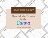 2025, 2026, and 2027 Blank Calendar Template Bundle | Monday Start Calendar | Sunday Start Calendar | Yearly Calendar | Modern Calendar