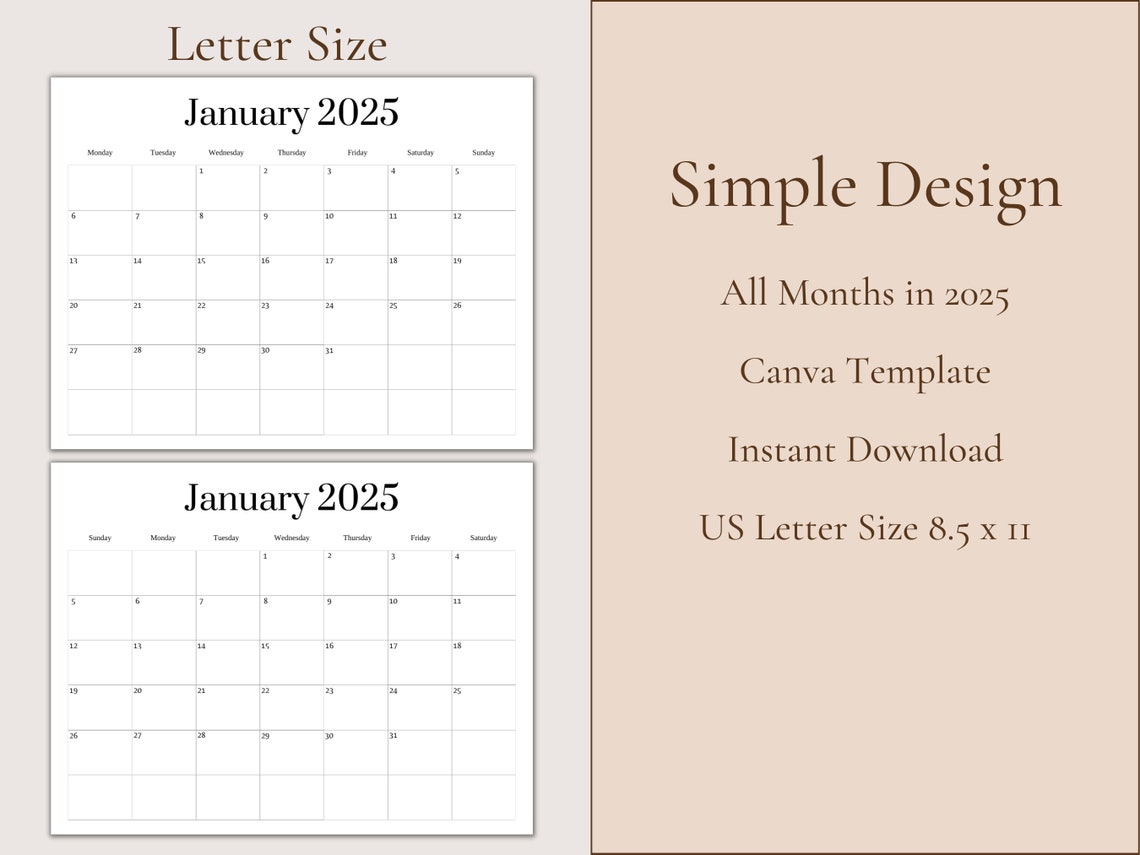 2025 Blank Calendar Template Blank Calendar Printable Etsy
