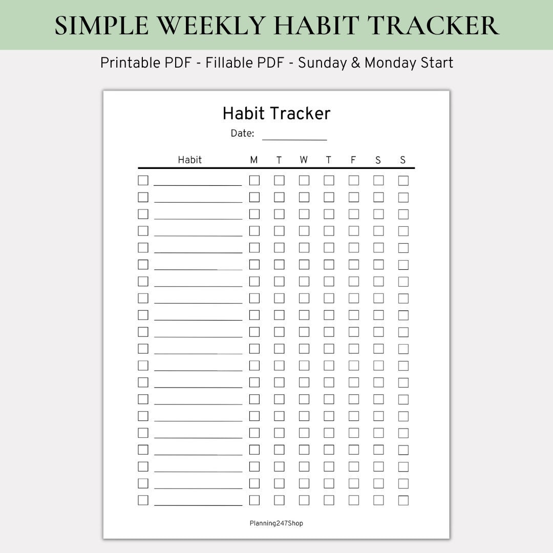 Simple Weekly Habit Tracker | Vertical Habit Tracker | Habit Tracker ...