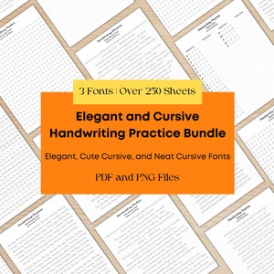 Peut inclure: Un lot de feuilles d'exercices d'écriture imprimables présentant trois polices différentes : élégante, cursive mignonne et cursive soignée. Le lot comprend plus de 250 feuilles aux formats PDF et PNG. Le texte sur l'image indique : "3 polices | Plus de 250 feuilles", "Ensemble d'exercices d'écriture élégante et cursive", "Polices élégantes, cursives mignonnes et cursives soignées" et "Fichiers PDF et PNG".