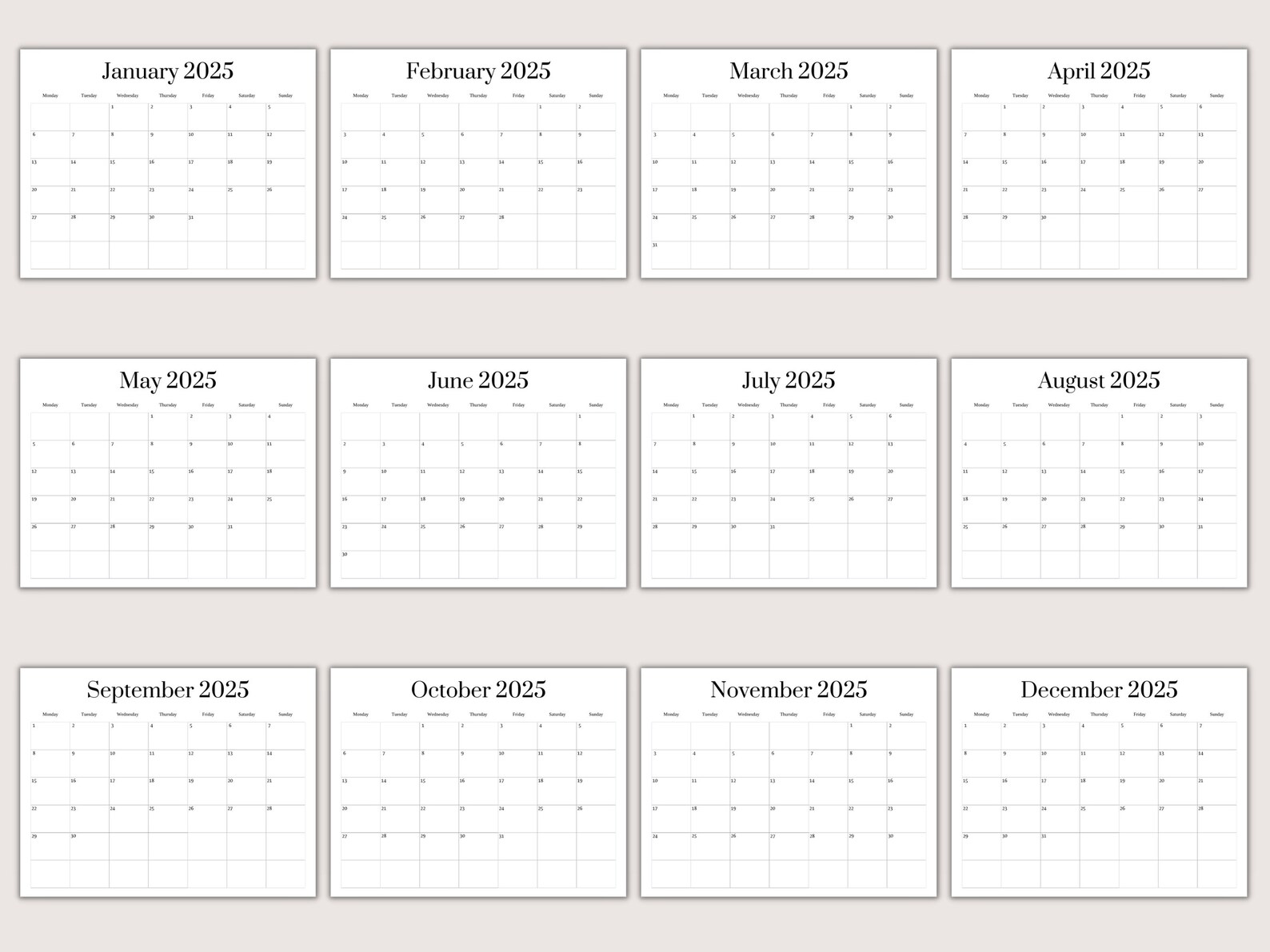 2025 Blank Calendar Template Blank Calendar Printable Etsy