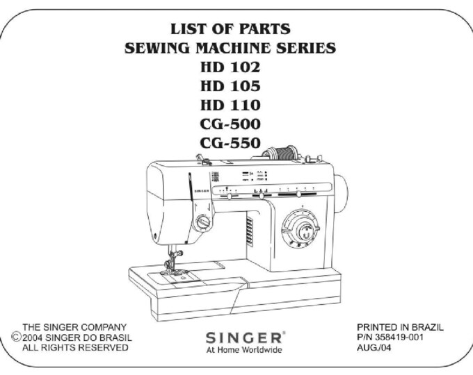 Singer HD102 - HD105 - HD110 - CG-500 - CG-550 Parts Manual English