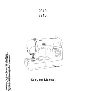 以下が含まれることがあります： シンガーミシンモデル2010 9910の白黒線画。画像は2014年2月17日発行のサービスマニュアルからのものです。