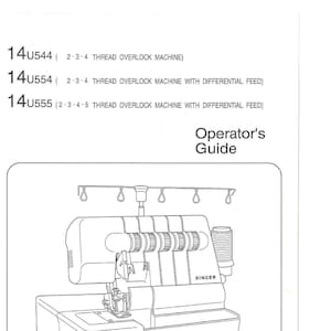 Op de afbeelding: Een zwart-witte lijntekening van een Singer overlock-naaimachine met 4 spoelen garen en een naald. De machine heeft een differentiële voeding en is gelabeld met "Singer".