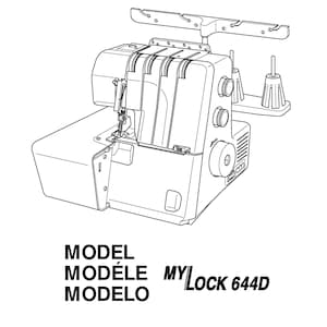 Könnte beinhalten: Schwarz-weiß-Zeichnung einer Nähmaschine mit dem Text "INSTRUCTION BOOK" oben und "MODEL MYLOCK 644D" unten.