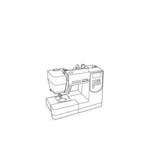 May include: A black and white line drawing of a sewing machine with a digital display and a needle threader. The image is titled "Instruction Book".