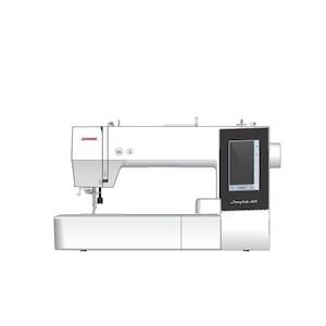 May include: A white Janome Memory Craft 550E sewing machine with a black and white LCD screen. The machine has a red Janome logo on the front.