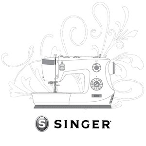 May include: A black and white line drawing of a Singer sewing machine with the model number ME457. The machine has a white base and a black top with a white dial. The machine is labeled "Elite" and has a decorative floral design around it.