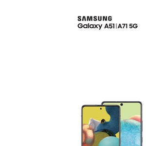 Puede incluir: Dos teléfonos inteligentes Samsung Galaxy, uno en negro y otro en azul, con un fondo abstracto colorido en la pantalla. El texto "SAMSUNG Galaxy A51|A71 5G" está en la parte superior de la imagen y el texto "Manual de usuario" está en la parte inferior.