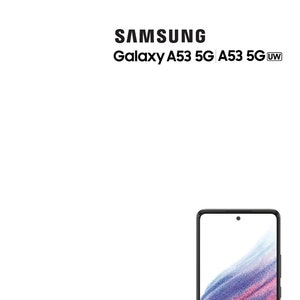 May include: A black Samsung Galaxy A53 5G UW smartphone with a user manual. The phone has a white screen with a pink and blue abstract design.