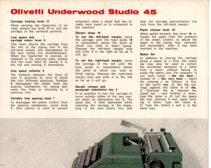 Olivetti Studio 45 Typewriter Instruction Manual - User Manual - Complete User Guide