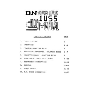 Puede incluir: Un manual en blanco y negro titulado "DN Series 1US5 Chop Manual". La portada presenta texto estilizado. La tabla de contenidos enumera temas como instalación, funciones, solución de problemas y piezas electrónicas. Las páginas están numeradas.
