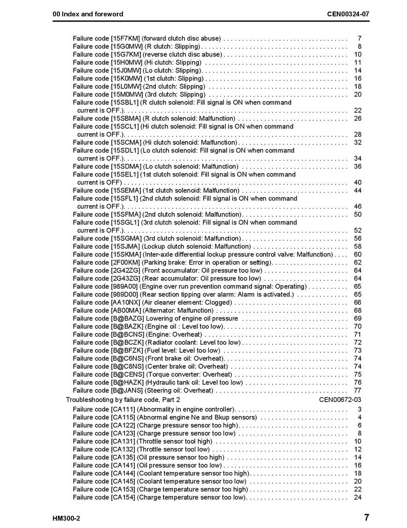 May include: A black and white printed page with a table listing failure codes and their corresponding descriptions. The table includes failure codes for a variety of vehicle components, including the clutch, solenoid, differential, and engine. The page also includes troubleshooting information for engine controller issues.