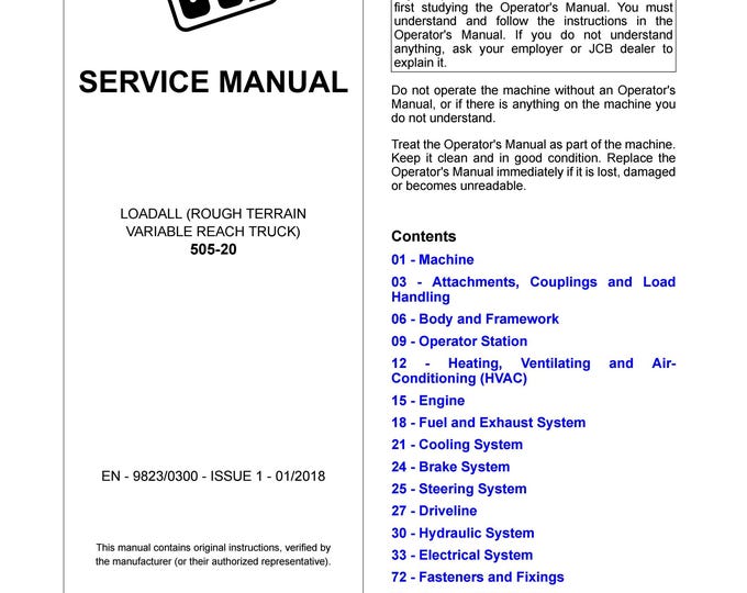 JCB LOADALL 505-20 - Service Manual - Owners Manual (Pdf Download)