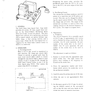 May include: A black and white technical diagram from a service manual, detailing the Solid State Auto Speed Unit, Type SAS1. The diagram includes schematics of switching circuits and text describing the unit's function and adjustments.