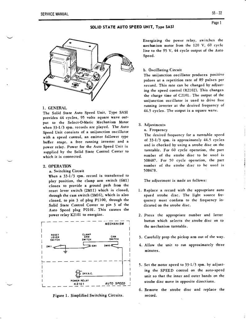 May include: A black and white technical diagram from a service manual, detailing the Solid State Auto Speed Unit, Type SAS1. The diagram includes schematics of switching circuits and text describing the unit's function and adjustments.