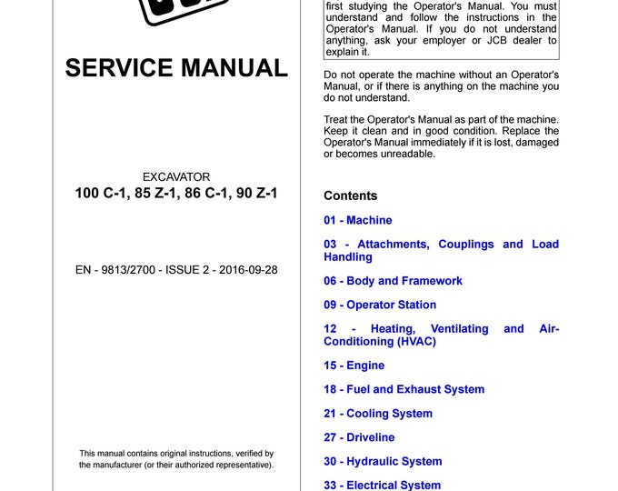 JCB 100 C-1, 85 Z-1, 86 C-1, 90 Z-1 - Service Manual - Parts Manual - Owners Manual (PDF Download)