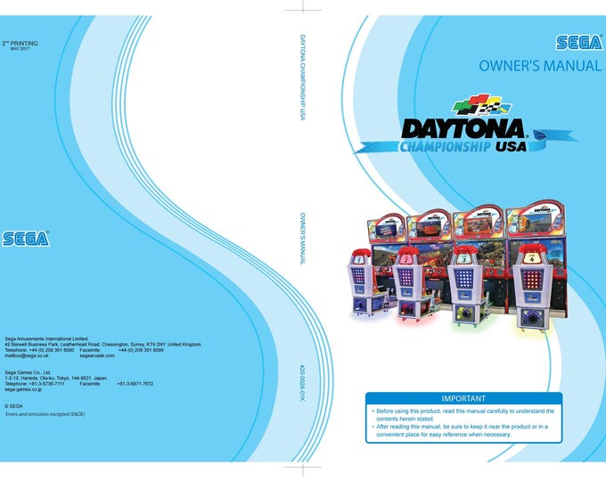 SEGA - DAYTONA Usa CHAMPIONSHIP - 2ND Printing  - Service Manual - Parts Manual - Owner manual -  Pdf Download