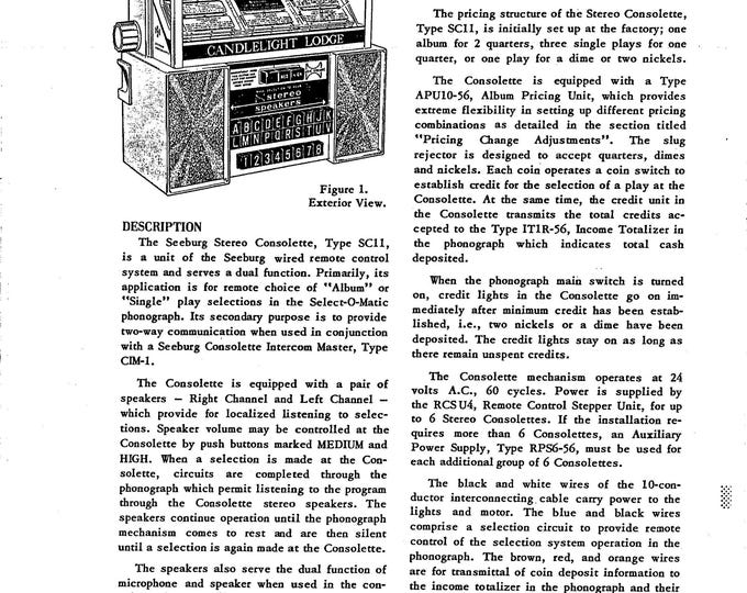 Seeburg- SC-2-  Service Manual - Instruction Manual -  Wiring Diagram - Schematic - Operation Manual - Parts List