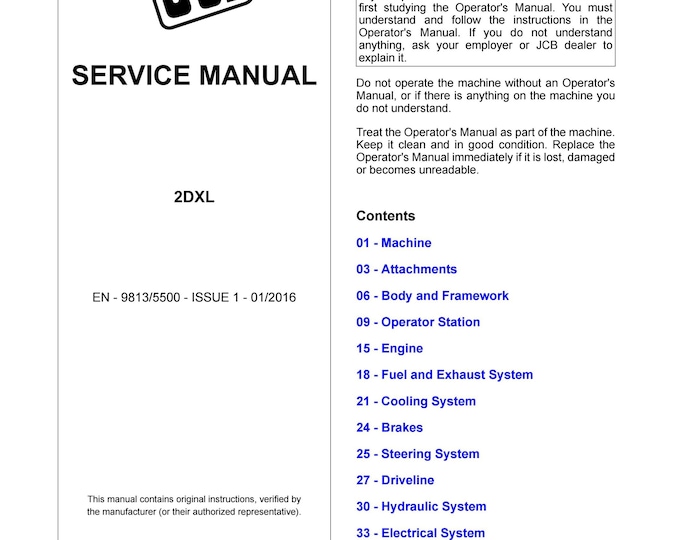 JCB 2DXL -Service Manual - Parts Manual - Owners Manual (Pdf Download)