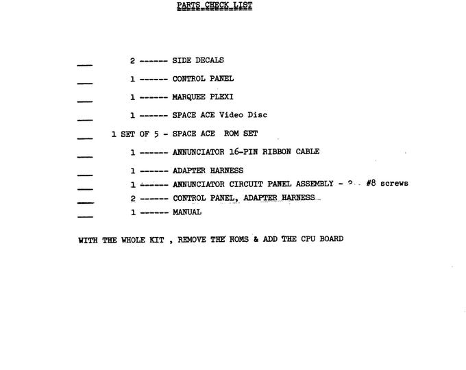 CINEMATRONICS - Dragons Lair To Space Ace - Conversion Kit Instruction- Service Manual - Parts Manual - Owner manual -  Pdf Download