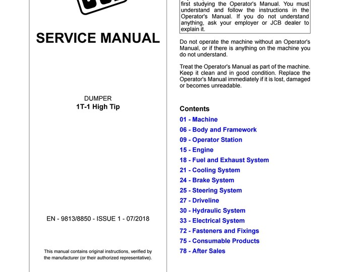 JCB DUMPER 1T-1 High Tip -Service Manual - Owners Manual (Pdf Download)