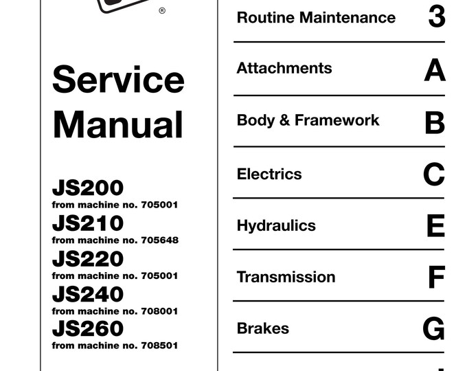 JCB JS200 JS210 JS220 JS240 JS260- 9803-6400 - Workshop Manual - Service Manual - Parts Manual - Owners Manual (PDF Download)