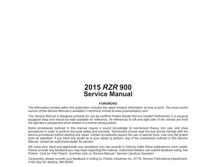 Polaris RZR 900 - Service Manual - Parts Manual - Owner manual - Pdf Download