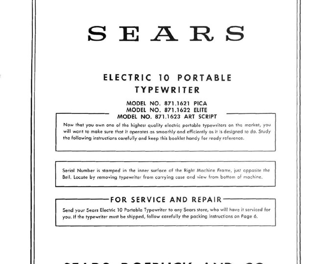 Sears Electric 10 Typewriter Instruction Manual - User Manual - Complete User Guide