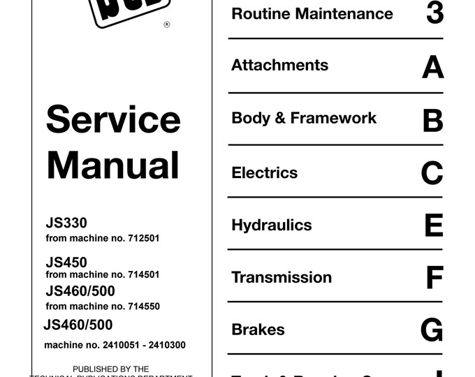 JCB  JS330 JS450 JS460/500 JS460/500 - 9803-6420 - Workshop Manual - Service Manual - Parts Manual - Owners Manual (PDF Download)