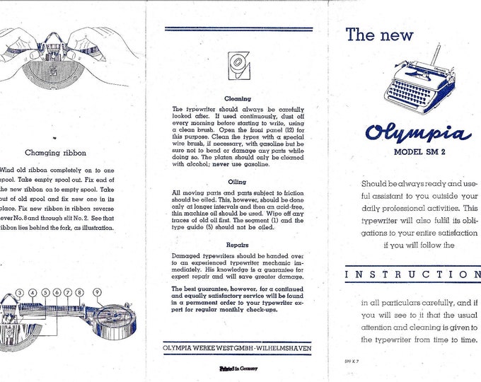 Olympia SM2 Typwriter Instruction Manual - User Manual - Complete User Guide