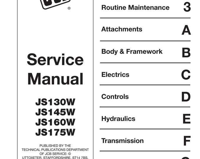 JCB JS130W JS145W JS160W JS175W - 9803-6310 - Workshop Manual - Service Manual - Parts Manual - Owners Manual (PDF Download)