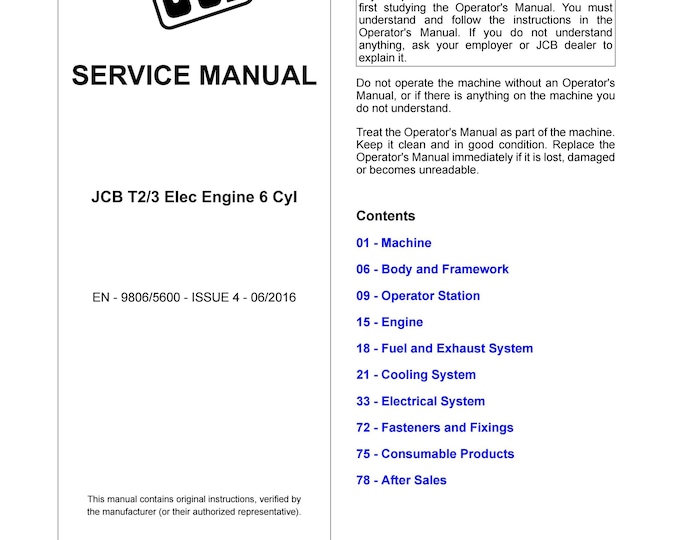 JCB T2/3 Elec Engine 6 Cyl - Workshop Manual - Service Manual - Parts Manual - Owners manual  (pdf Download)
