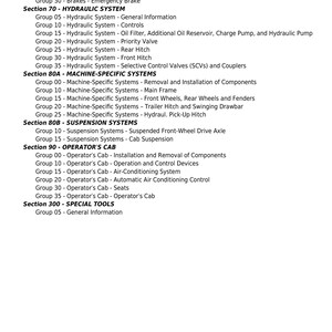 Pu&ograve; includere: Un manuale tecnico in bianco e nero per un macchinario pesante. Il manuale &egrave; intitolato "TM406919-REPAIR TECHNICAL MANUAL". Il manuale &egrave; diviso in sezioni, ciascuna con un numero di gruppo e una descrizione del sistema o del componente. Le sezioni includono: Sterzo, Freni, Sistema idraulico, Sistemi specifici della macchina, Sistemi di sospensione, Cabina dell'operatore e Attrezzi speciali.