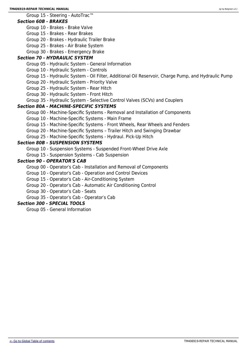 Pu&ograve; includere: Un manuale tecnico in bianco e nero per un macchinario pesante. Il manuale &egrave; intitolato "TM406919-REPAIR TECHNICAL MANUAL". Il manuale &egrave; diviso in sezioni, ciascuna con un numero di gruppo e una descrizione del sistema o del componente. Le sezioni includono: Sterzo, Freni, Sistema idraulico, Sistemi specifici della macchina, Sistemi di sospensione, Cabina dell'operatore e Attrezzi speciali.