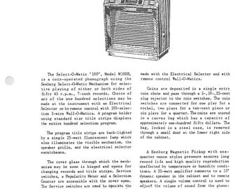 Seeburg -  M100B - Service Manual - Instruction Manual -  Wiring Diagram - Schematic - Operation Manual - Parts List
