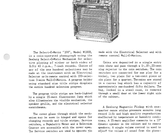 Seeburg -  M100B - Service Manual - Instruction Manual -  Wiring Diagram - Schematic - Operation Manual - Parts List