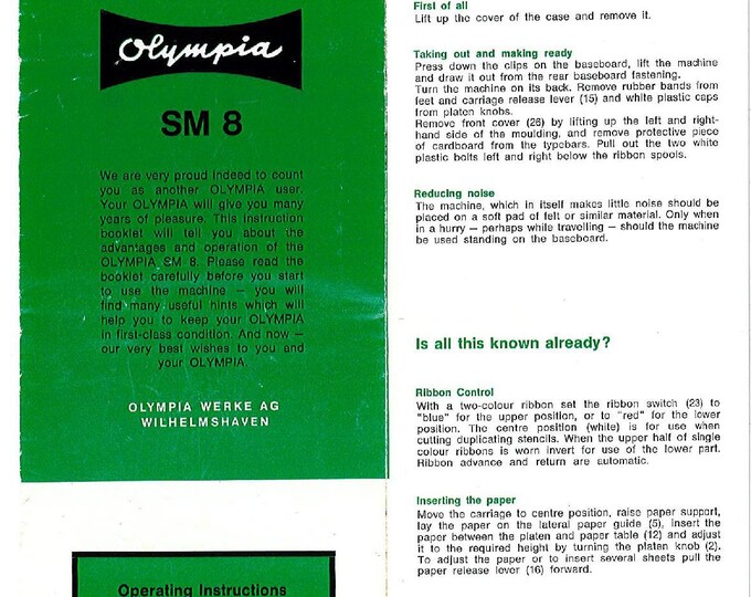 Olympia SM8 Typwriter Instruction Manual - User Manual - Complete User Guide