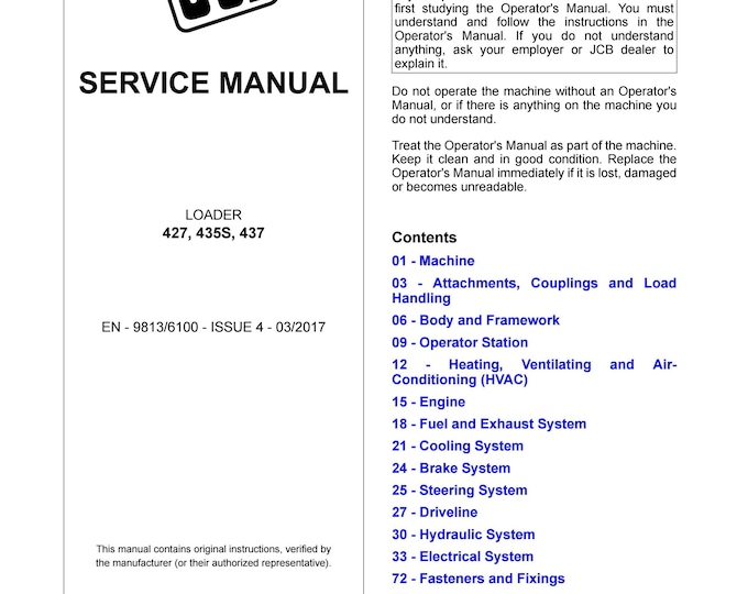 JCB LOADER 427, 435S, 437  -Service Manual - Parts Manual - Owners Manual (Pdf Download)