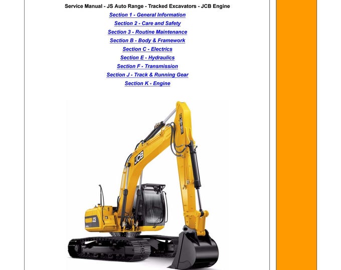 JCB JS Auto Range - Tracked Excavators - JCB Engine  - Workshop Manual - Service Manual- Owners manual  (pdf Download)