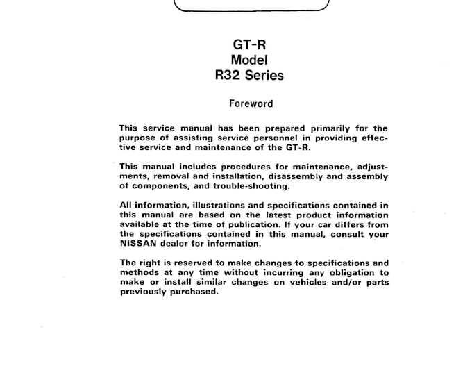 Nissan Skyline R32 GTR - Service Manual - Parts Manual - Owner manual - Pdf Download