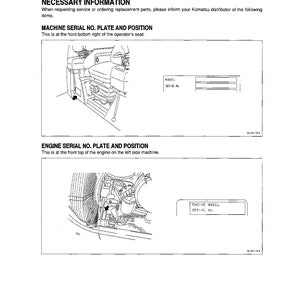 K&ouml;nnte beinhalten: Ein Schwarzwei&szlig;diagramm, das die Position der Maschinen-Seriennummernplatte und der Motornummernplatte an einem Komatsu-Bagger zeigt. Die Maschinen-Seriennummernplatte befindet sich unten rechts am Fahrersitz. Die Motornummernplatte befindet sich oben am Motor auf der linken Seite der Maschine.