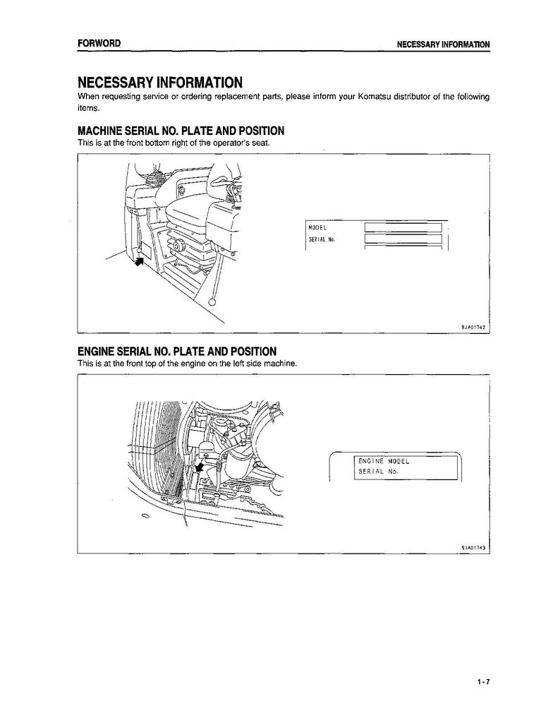 K&ouml;nnte beinhalten: Ein Schwarzwei&szlig;diagramm, das die Position der Maschinen-Seriennummernplatte und der Motornummernplatte an einem Komatsu-Bagger zeigt. Die Maschinen-Seriennummernplatte befindet sich unten rechts am Fahrersitz. Die Motornummernplatte befindet sich oben am Motor auf der linken Seite der Maschine.