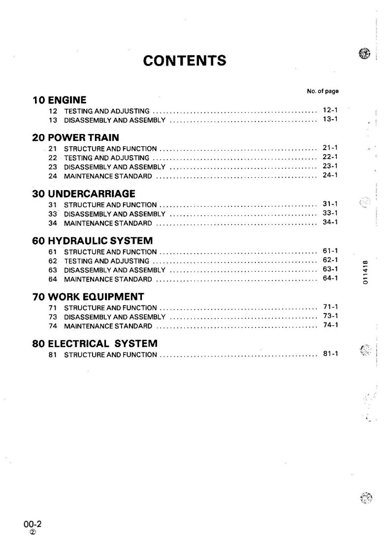 K&ouml;nnte beinhalten: Eine schwarz-wei&szlig;e Inhaltsverzeichnis-Seite f&uuml;r ein Handbuch. Die Seite listet die verschiedenen Abschnitte des Handbuchs auf, darunter Motor, Antriebsstrang, Fahrwerk, Hydrauliksystem, Arbeitsausr&uuml;stung und elektrisches System. Jeder Abschnitt ist nummeriert und hat eine entsprechende Seitenzahl.