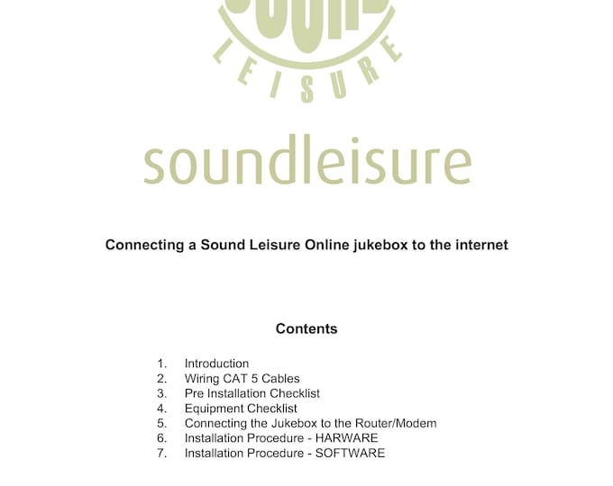 Sound Leisure -  Online Jukebox Installation Guide - Operating Instructions - Service Manual - User Manual- Schematic-Parts List